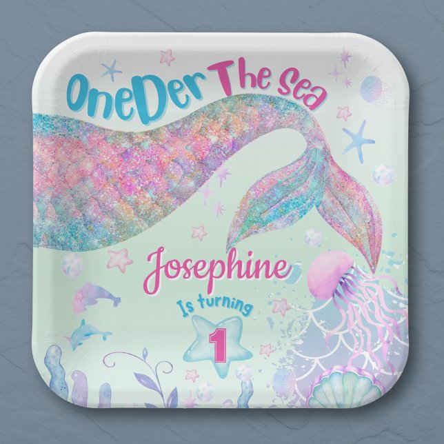 Mermaid watercolor first birthday square paper plate (Creator Uploaded)
