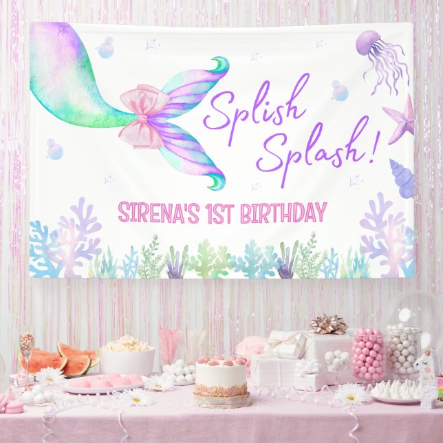 Mermaid Watercolor Girl first Birthday Backdrop Banner (Party)