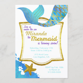 Mermaid Watercolor Gold Birthday Invitation