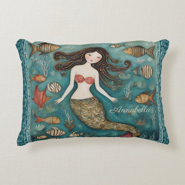Mermaid Watercolor Personalised Decorative Cushion (Front)