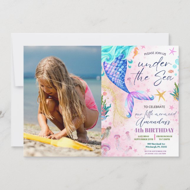 Mermaid Watercolor Photo Birthday Under the Sea Invitation (Front)
