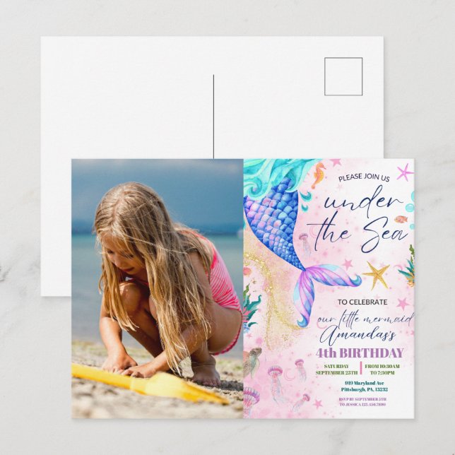 Mermaid Watercolor Photo Birthday Under the Sea Postcard (Front/Back)