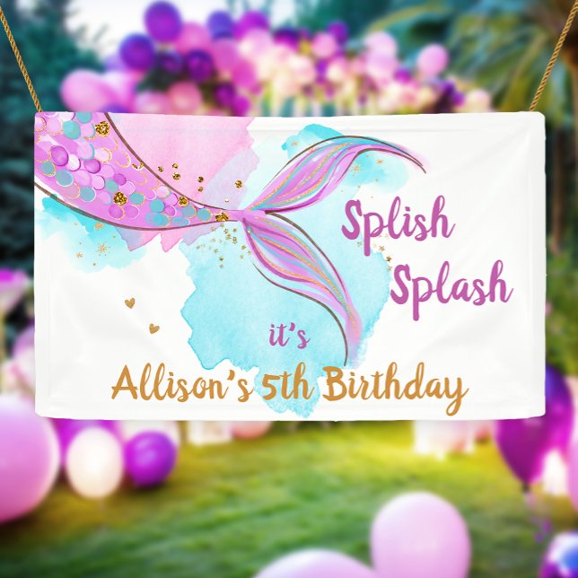Mermaid Watercolor Pink Girl Birthday Backdrop Banner (Creator Uploaded)