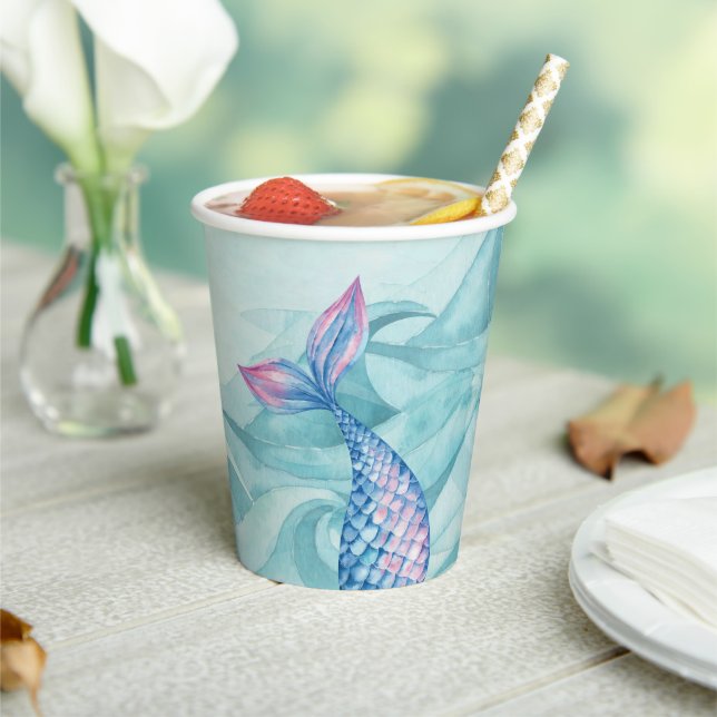 Mermaid watercolor pink purple blue birthday party paper cups (Insitu)