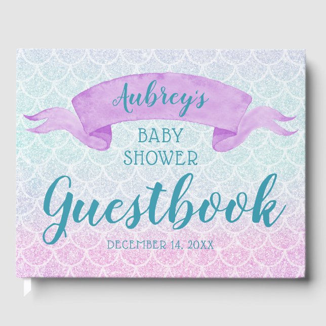 Mermaid Watercolor Purple Baby Shower Guestbook (Front)
