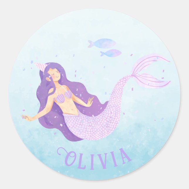 Mermaid Watercolor Purple Cute Girl Birthday  Classic Round Sticker (Front)