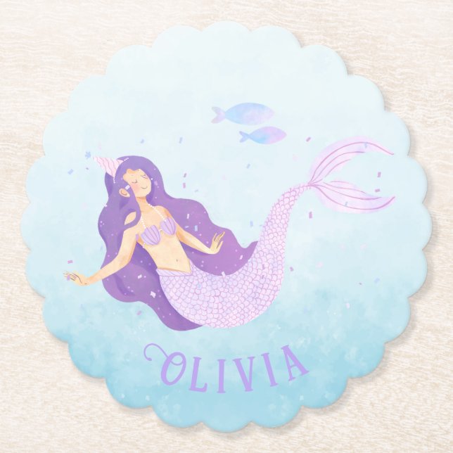Mermaid Watercolor Purple Cute Girl Birthday  Paper Coaster (Front)