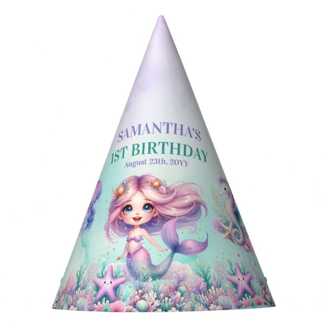 Mermaid watercolor purple turquoise 1st birthday party hat (Front)