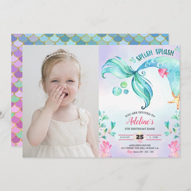 Mermaid Watercolor Splish Splash Birthday Photo Invitation (Front/Back)