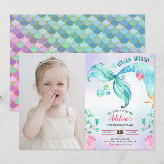 Mermaid Watercolor Splish Splash Birthday Photo Invitation