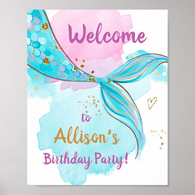 Mermaid Watercolor Tail Teal Girl Birthday Welcome Poster (Front)