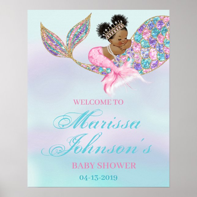 Mermaid Welcome Sign Baby Shower African American (Front)
