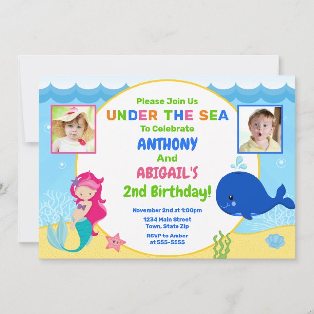 Mermaid Whale Joint Birthday Invitation Twin (Front)