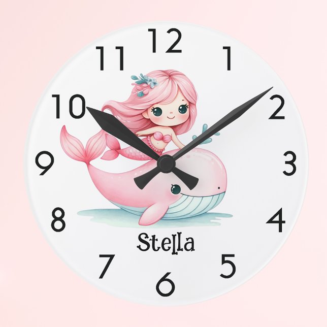 Mermaid whale pink girl name underwater round clock (Creator Uploaded)