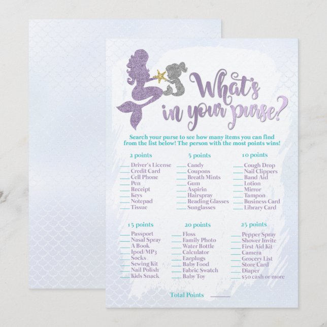 Mermaid What's in your purse baby shower game card (Front/Back)