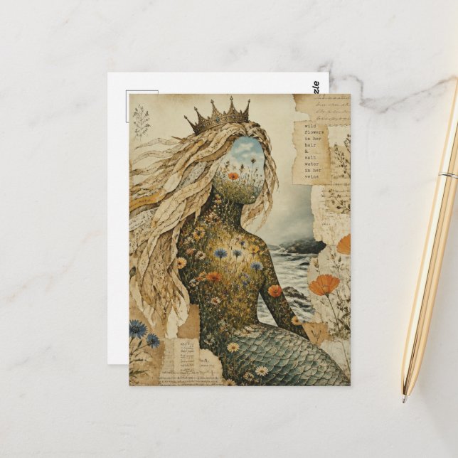 Mermaid Wildflower Mixed Media Collage Postcard (Front/Back In Situ)