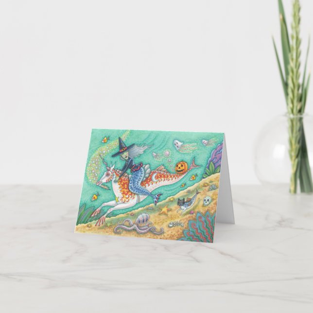 MERMAID WITCH, HALLOWEEN MERHORSE NOTE CARD Blank (Front)