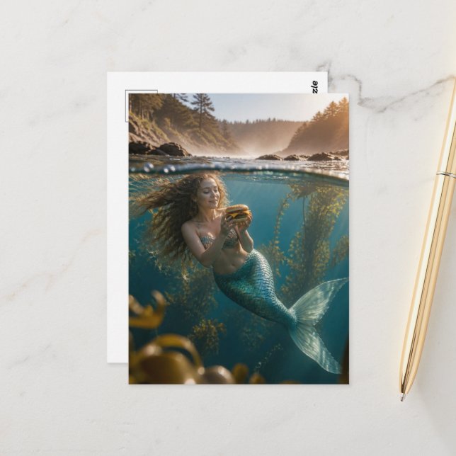 Mermaid With a Cheeseburger Postcard (Front/Back In Situ)
