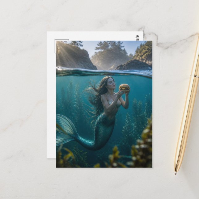 Mermaid With a Cheeseburger Postcard (Front/Back In Situ)