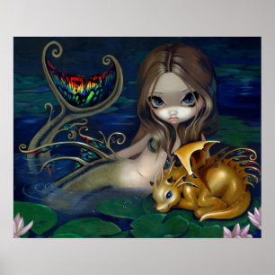 Mermaid with a Golden Dragon Art Print fantasy fae