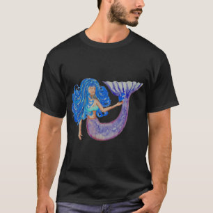 Mermaid with Blue Hair Watercolor Painting T-Shirt