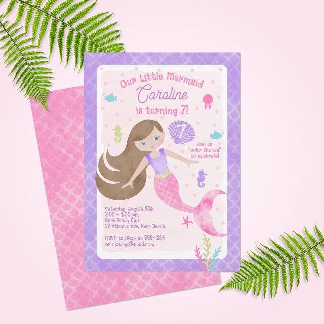 Mermaid with Brown Hair Pink Purple Birthday Invitation (Creator Uploaded)