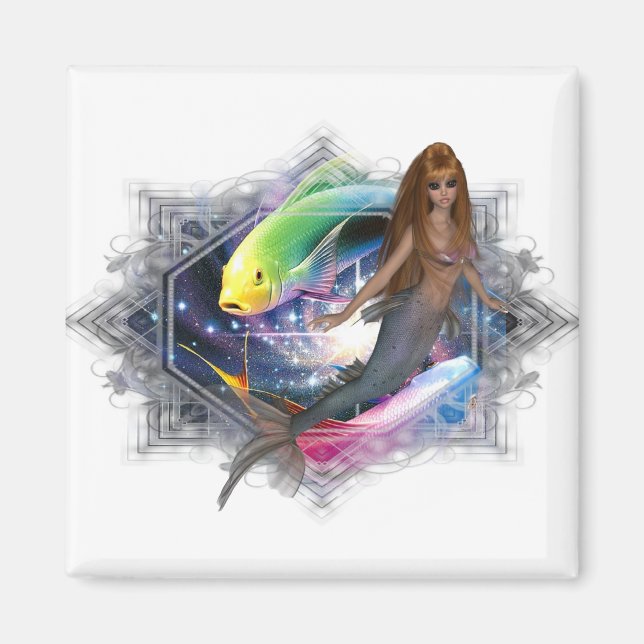 Mermaid with Colourful Fish Background Magnet (Front)