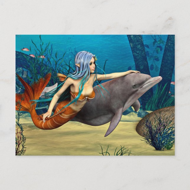 Mermaid with Dolphin Postcard (Front)