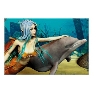 Mermaid with Dolphin Poster