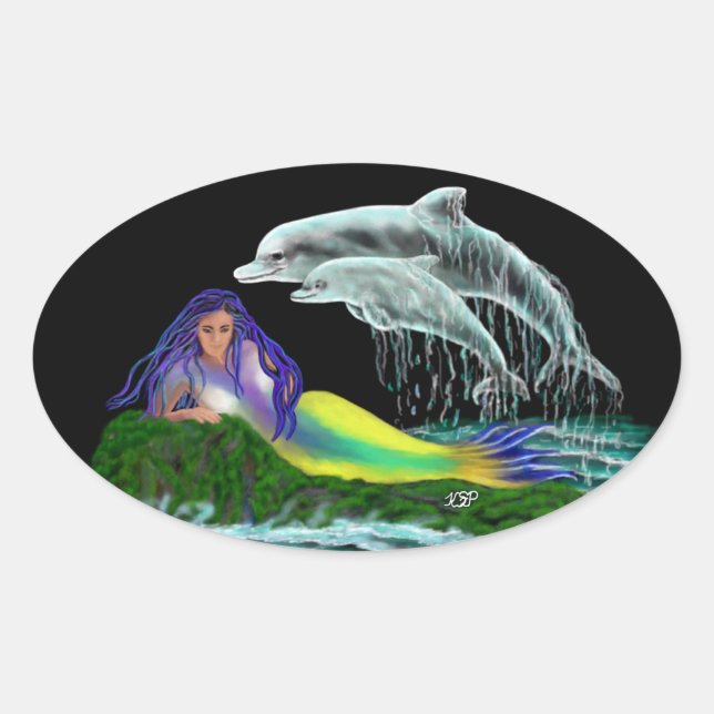 Mermaid with Dolphins Oval Sticker (Front)