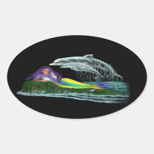 Mermaid with dolphins oval sticker