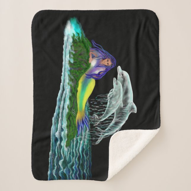 Mermaid with Dolphins Sherpa Blanket (Front)