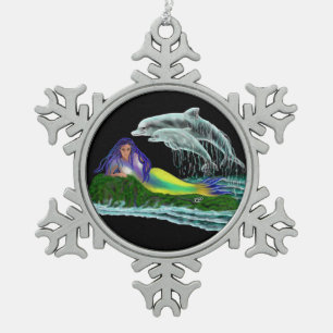 Mermaid with Dolphins Snowflake Pewter Christmas Ornament