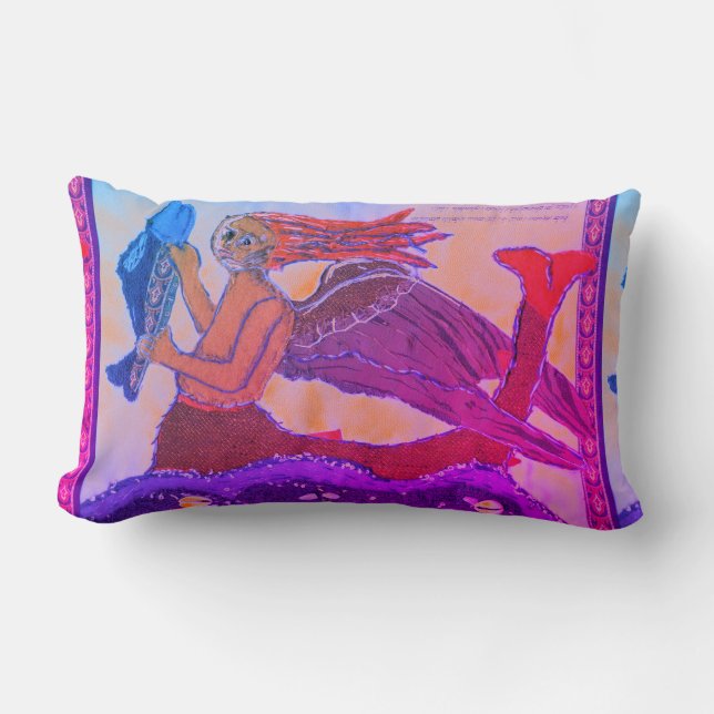 Mermaid with fish in pink and green lumbar cushion (Front)