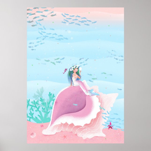 Mermaid with flower crown children’s illustration poster (Front)