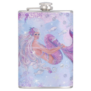 Mermaid with flowers by Renee Lavoie Hip Flask