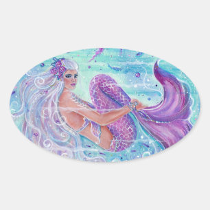 Mermaid with jellyfish art by Renee Lavoie Oval Sticker