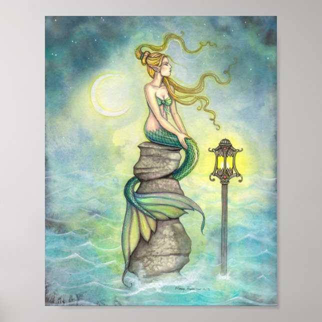 Mermaid with Moon and Lantern Fantasy Art Poster (Front)