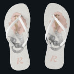 Mermaid with Pink Hair and Monogram Jandals<br><div class="desc">Calling all mermaids! This feminine design features a beautiful mermaid with long wavy pink hair floating over a matching neutral grey abstract dots pattern. Personalise with your monogram for an awesome pair of personalised flip flops. These make great bridesmaid gifts for beach or destination weddings.</div>