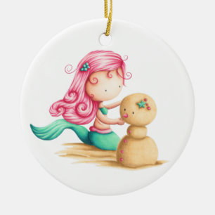 Mermaid with pink hair Christmas ornament. Ceramic Tree Decoration