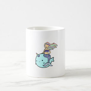 Mermaid with Rainbow Hair Riding Pet Narwal Coffee Mug