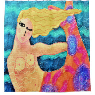 Mermaid with Red Tail Abstract Art Shower Curtain