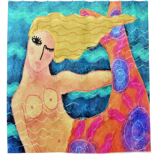 Mermaid with Red Tail Abstract Art Shower Curtain (Front)