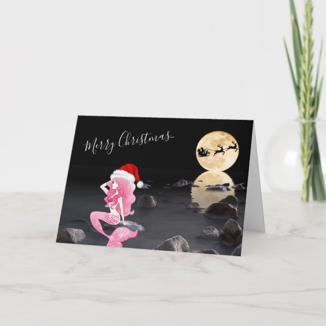 Mermaid with Santa Hat Full Moon Merry Christmas Holiday Card (Front)