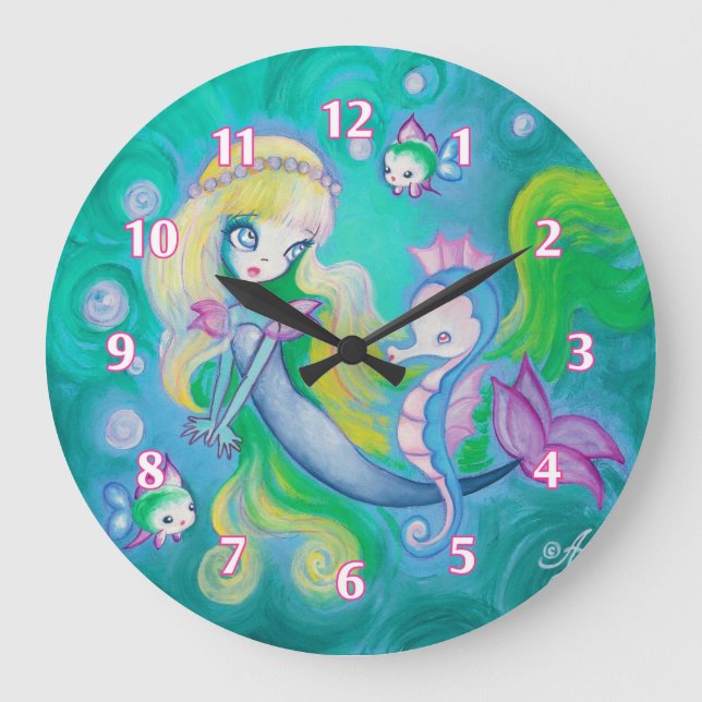 Mermaid With Sea Horse And Fish Large Clock (Front)