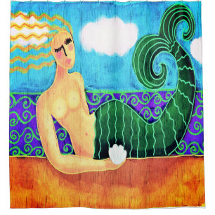 Mermaid with Sea Shell Abstract Art Shower Curtain