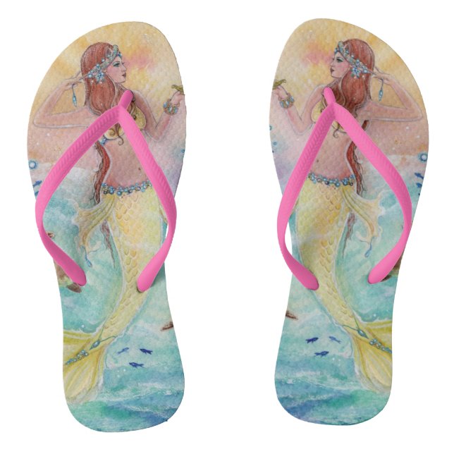 Mermaid with sea turtle art by Renee Lavoie Jandals (Footbed)