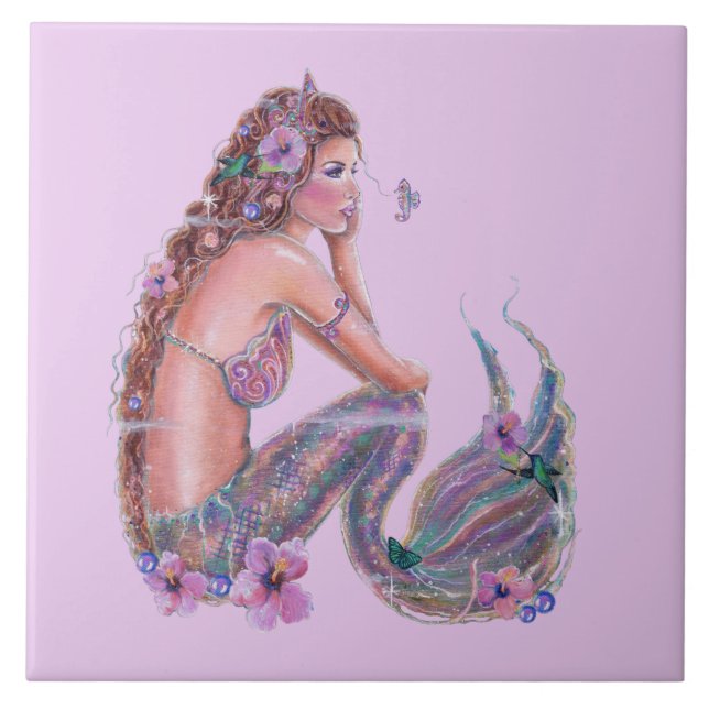 Mermaid with seahorses art by Renee Lavoie Ceramic Tile (Front)