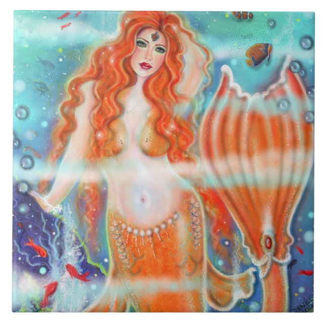 Mermaid with tropical fish art by Renee Lavoie  Tile (Front)