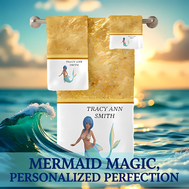 Mermaid with turquoise hair and tail bath towel set (Creator Uploaded)